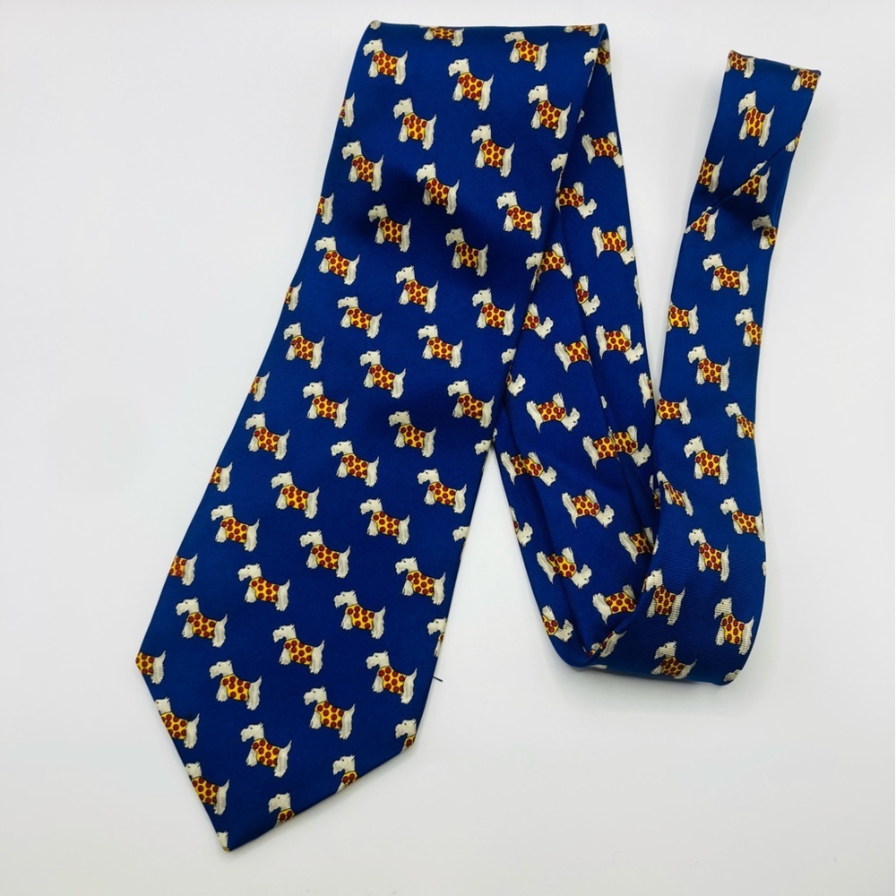 Vintage 100% silk made in England Liberty terrier print blue white & yellow tie.